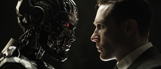 A Cyber Robot Man And A Common Man Facing Each Other, Deep Black Background, Voluminous Lighting, Dramatic Shadows