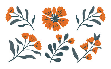 Set of elegant silhouettes of fall flowers, branches and leaves. hand-drawn vector botanical elements, illustration