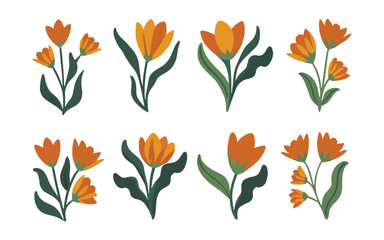 Set of elegant silhouettes of spring flowers, branches and leaves, illustration