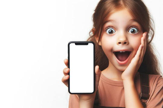 happy girl with Huge Eyes surprised expression hold smartphone with white mockup screen. ai generative