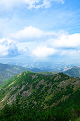 Mountain panorama of the Tatra Mountains from Kasprowy Wierch (Kasper Peak) on a summer day in Poland