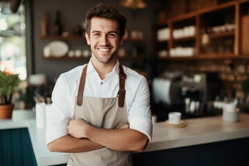 Male coffee shop business owner stands proudly happy in a cozy coffee shop. Small business owner.