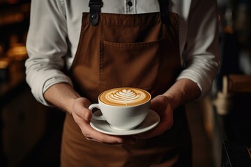 The barista hands you a cup of coffee latte in a coffee shop. - obrazy, fototapety, plakaty