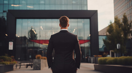 Full back view of successful business man owner in suit standing in front of modern office. - obrazy, fototapety, plakaty