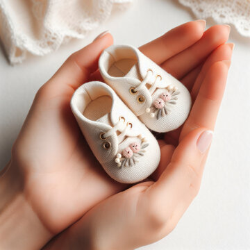small fabric baby shoes are held by the fingers of a women's hand on a white background. ai generative