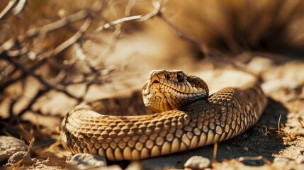 Fototapeta premium Desert snake reptile sunbathing and heating wallpaper background