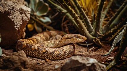 Fototapeta premium Desert snake reptile sunbathing and heating wallpaper background