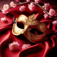 Japanese style masquerade mask on red satin fabric and sakura branches. ai generative