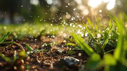 Foto op Aluminium Water rain splash on ground grass nature wallpaper background © Irina