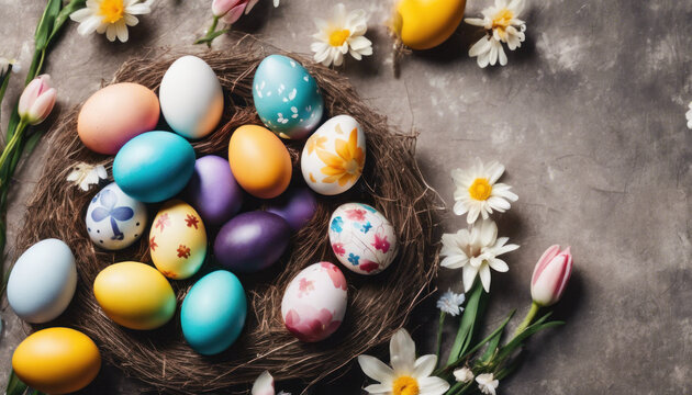 Spring display with a basket of eggs in different colors and blossoms on a wood background.