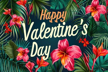 Fototapeta na wymiar Text In Large Letters Happy Valentines Day On Tropical Paradise Passion Background