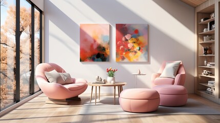 Modern living room interior with two pink armchairs and abstract paintings