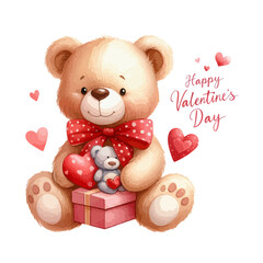 Watercolor Valentine's Day card, children's illustration with animal bear.