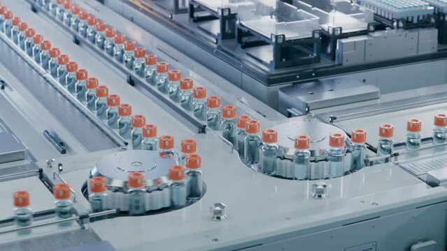 Isometric view of Large Conveyor Belt with Glass Vials inside Modern Pharmaceutical Factory. Medication Manufacturing Process. Medical Ampoule Production Line  