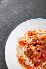 chicken Basque with rice meat tomato sauce tasty fresh delicious healthy eating cooking appetizer meal food snack on the table copy space