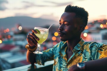 An African Man In His Prime Enjoying A Margarita Against A Urban Landscape