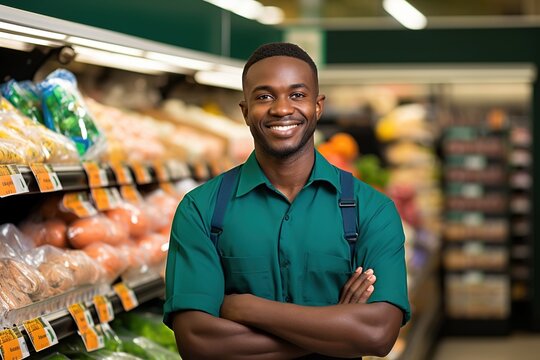Portrait of a happy African American grocery store employee