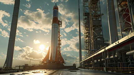 Rocket under construction, on a space research platform - obrazy, fototapety, plakaty