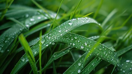 Naklejka premium Beautiful blades of grass kissed by dew, captured in a close-up photo in the morning