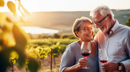 Elderly couple shares a tender moment in a vineyard at sunset, glasses of red wine in hand, celebrating life and love amidst the beauty of nature. Concept of enduring love and healthy aging life - obrazy, fototapety, plakaty