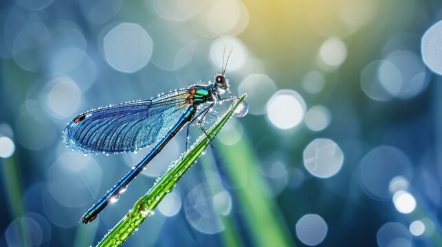 Macro photography of a dragonfly perched on a dew-kissed blade of grass in close-up