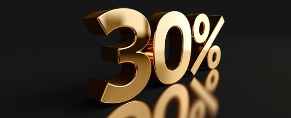 Gold thirty percent on a black mirror surface. 3D visualization illustration for advertising.