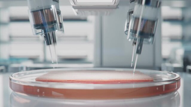 Close-up Time-Lapse of Artificial Skin Tissue being Grown in Lab. Bioprinting Advanced Technology Concept. Medical Printer for Organic Tissue in Futuristic Laboratory. 