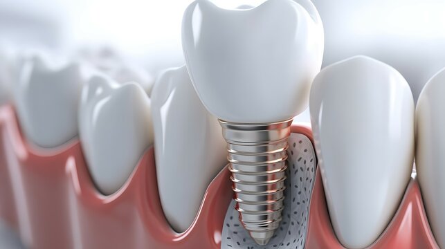 White backdrop with an illustration of teeth with a dental implant in the gums.