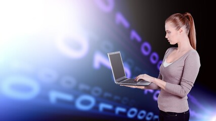 Portrait of Woman with Software and Coding, Holding computer