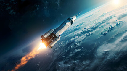 Rocket leaving Earth's orbit, space exploration