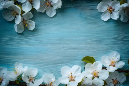 blossoming cherry flowers on wood with copy space, in the style of light indigo and aquamarine, uhd image, stockphoto, free brushwork, wallpaper,16k