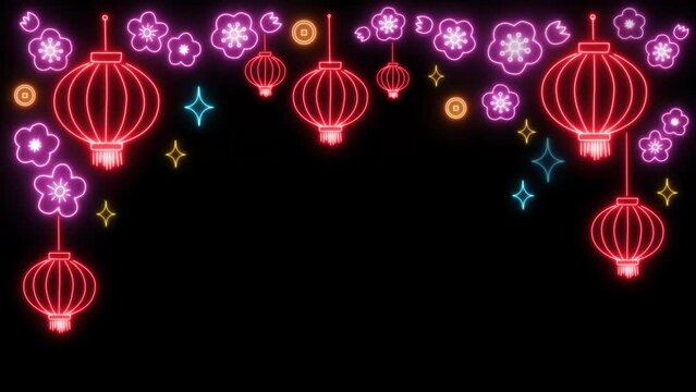 Chinese lanterns, cherry blossoms, blinking stars, coins colourful neon style Lunar New Year decorations creating a frame on black background, looping animation.