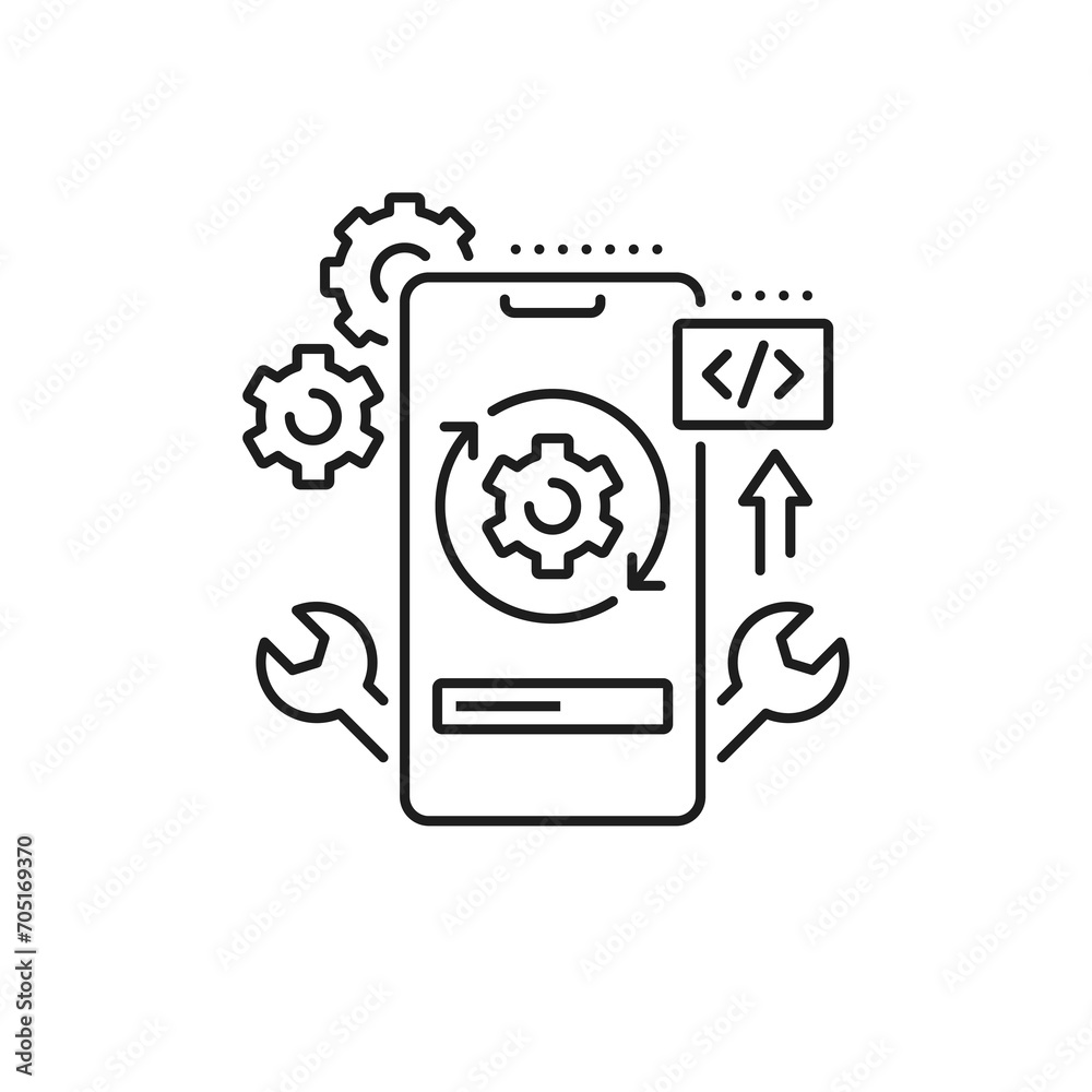 Fototapete Upgrade, web app develop and optimization icon. Isolated vector linear sign featuring stylized smartphone screen with cogwheels, wrenches and upward arrow symbolizing app development and optimization