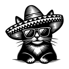 cat wearing Mexican sombrero hat illustration