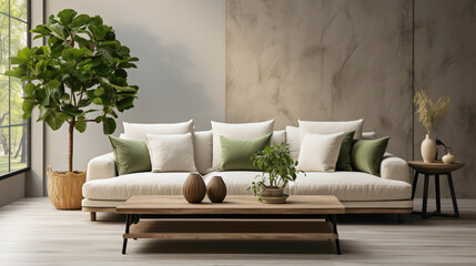 A beautifully curated living room with a beige sofa and a sleek table hosting a solitary, green plant. The HD quality accentuates the details in the room.