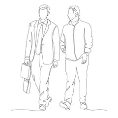 2 men walking and talking. Left man wearing classic suit and tie, carring notebook bag. Continuous line drawing. Black and white vector in line art style.