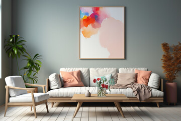 An inviting and cozy interior living room mockup with solid colorful elements and a blank empty frame, providing a warm and visually striking backdrop for your copy.