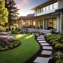 Fototapeta na wymiar Modern house with beautiful backyard and stone path