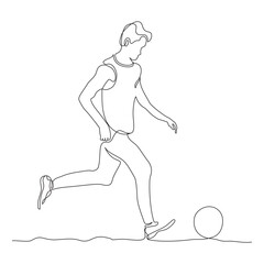 Soccer or football player running after the ball. Continuous line drawing. Black and white vector illustration in line art style.