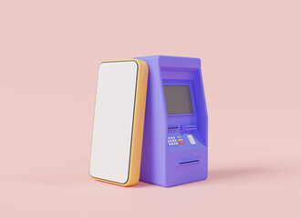 Mobile banking concept. ATM machine with mobile phone. money transfer, exchange transfer, saving money, Financial transaction, mobile payment, digital money. 3d icon minimal rendering illustration