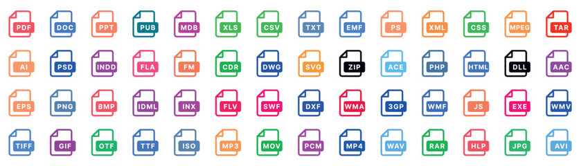This image is a set of 56 color icons related to different file types and multimedia formats in a flat style.