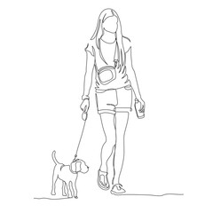 Woman with long hair walking with dog. Holding bottle with water. Wearing shorts and t-shirt. Single line drawing. Black and white vector in line art style.