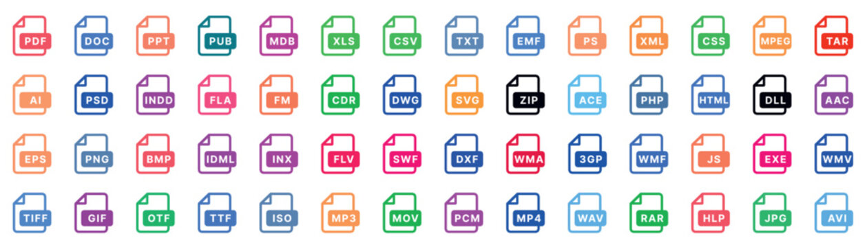This image is a set of 56 color icons related to different file types and multimedia formats in a flat style.