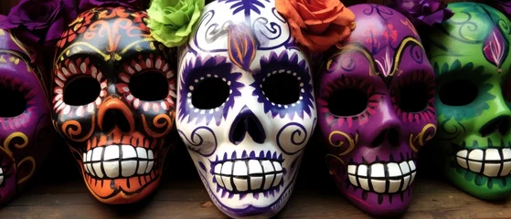 Behang Schedel Day of the Dead Sugar Skulls. Day of the Dead Traditional Mexican Masks. Day of the dead, Dia de los Muertos, Mexico. Mexican traditional holiday  Día de los Muertos - Day of the Dead Concept.