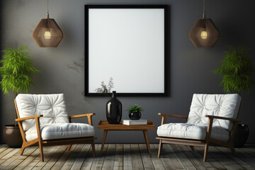 Craft a minimalist setting with white and dark brown chairs against a blank wall. Envision the simplicity of this space, featuring an empty frame eagerly awaiting your creative touch.