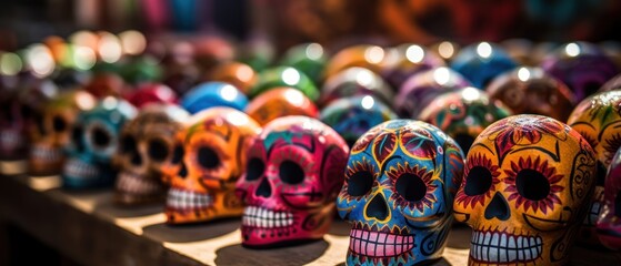 Colorful Mexican sugar skulls on display in a souvenir shop. Mexican traditional holiday  Día de...