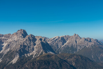 Scenic view of mount Dreischusterspitze in majestic mountain range of untamed Sexten Dolomites, South Tyrol, Italy, Europe. Hiking concept Italian Alps. Looking from lift station Drei Zinnen Tre Cime