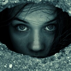 a woman looking through a hole in a concrete wall