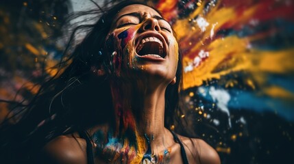 Portrait of a woman screaming in pain and despair. - obrazy, fototapety, plakaty