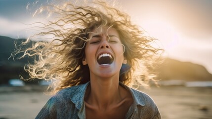 Portrait of a woman who screams from the joy of freedom. A woman's success is a real emotion. - obrazy, fototapety, plakaty